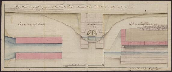 2 vues  - Plan élévation et profil du pont de St Jean sur la route de Landévand au Port-Louis à une lieue de ce dernier endroit / Taille de Keroyand (De). 1789 (ouvre la visionneuse)