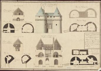 1 vue  - Plans, coupes, et élévation des tours du Bourreau, de la Pistole, de la Geole et de la chapelle, composant la prison criminelle / Brunet-Debaines ( Architecte-Voyer). 1811 (ouvre la visionneuse)