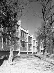 1 vue  - [Quimper, rue Bourg-les-Bourgs. Lycée Brizeux, vue d\'un immeuble de classes avec en premier plan deux arbres.]. (ouvre la visionneuse)